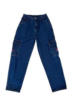 Y2K style Baggy Cargo Jeans Dark Wash Utility Skater Wide Leg Denim Pockets